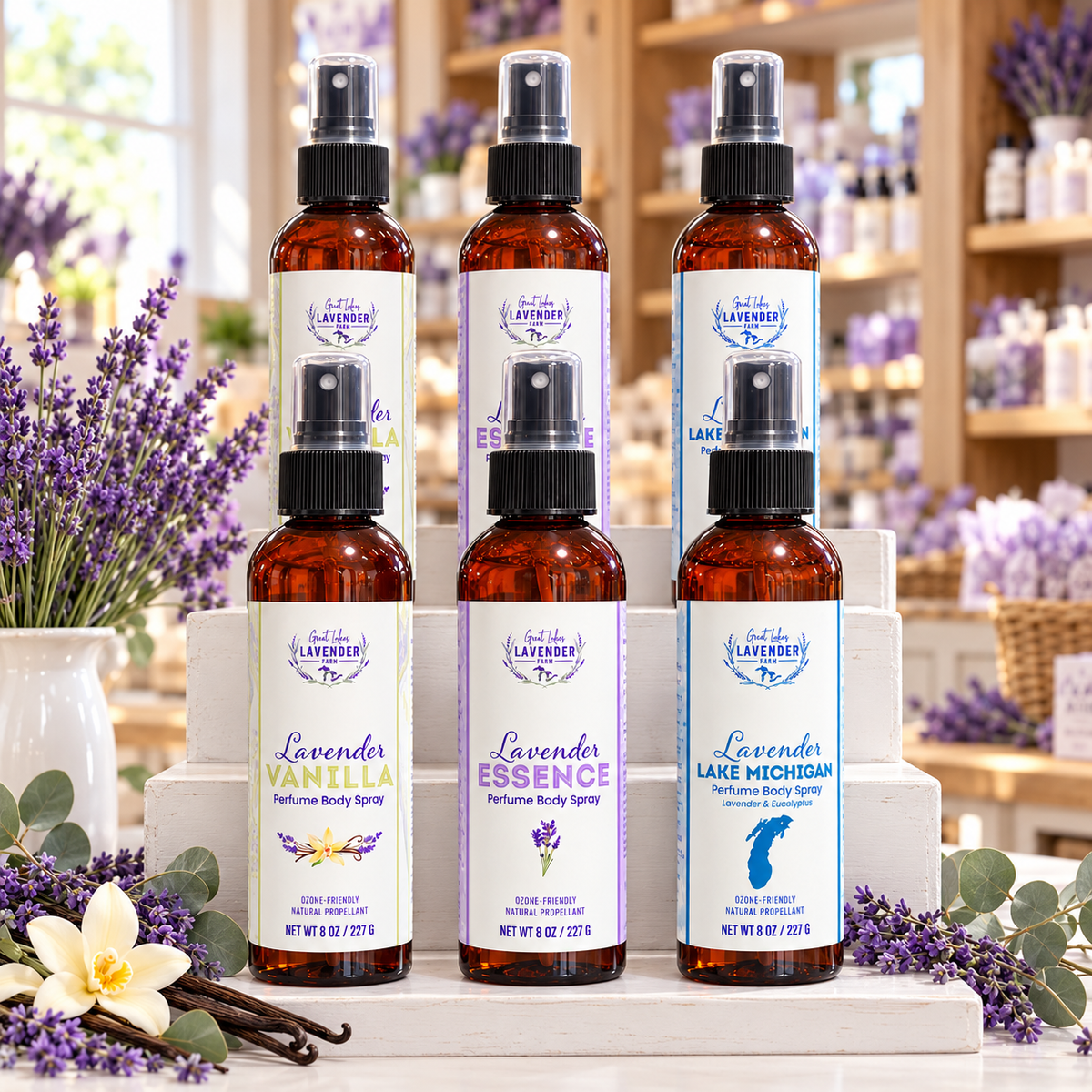 Six Lavender Perfume Body Spray bottles in Vanilla, Essence and Lake Michigan scents on a tiered shop display