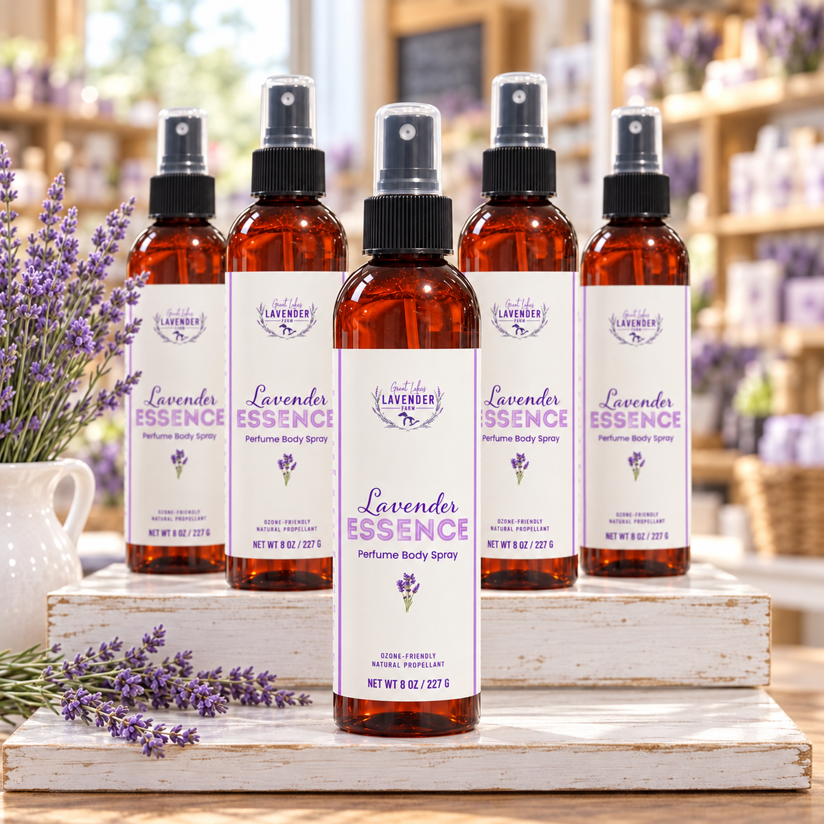 Lavender Essence Perfume Body Spray bottles grouped on a white wooden stand in a shop