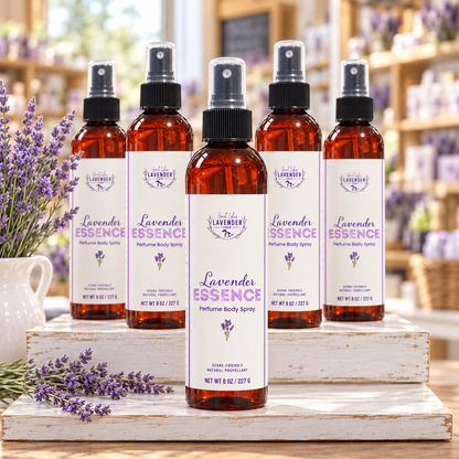 Lavender Essence Perfume Body Spray bottles grouped on a white wooden stand in a shop