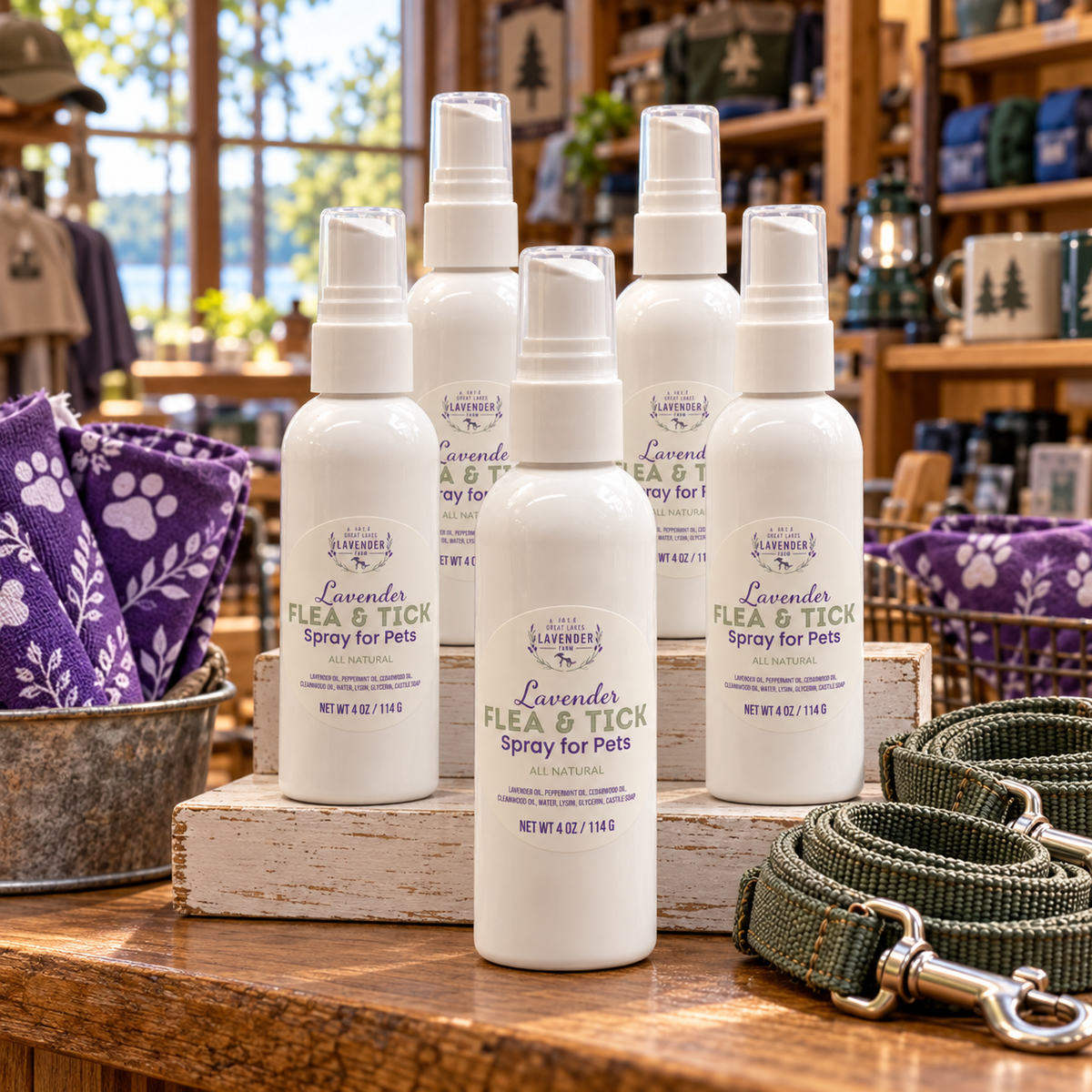 Lavender Flea & Tick Spray for Pets bottles on a wooden display with leashes in a lodge-style shop