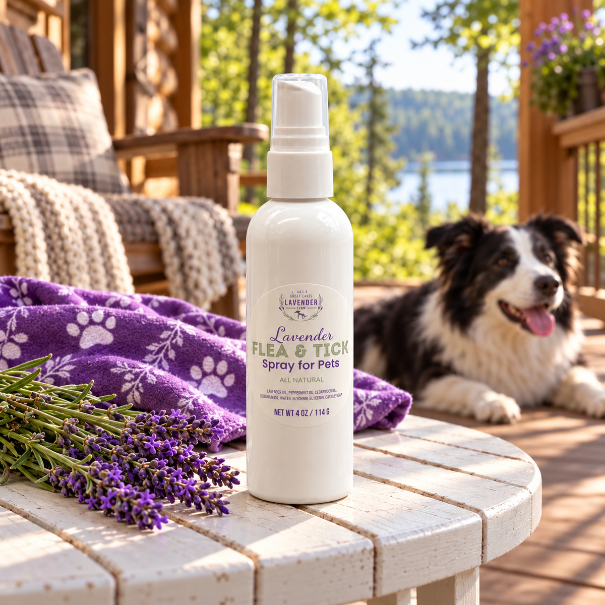 Lavender Flea & Tick Spray for Pets bottle on a porch table with a black and white dog lying behind