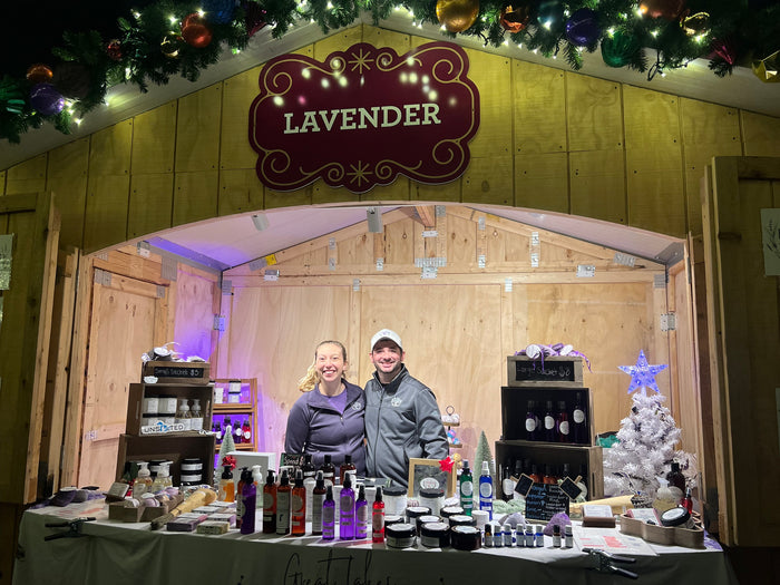 Sierra and Andrew in their lavender chalet at the Christmas market