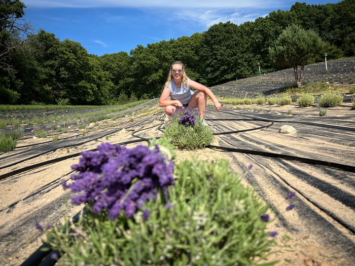 Woman crouching in the field behind a blooming lavender plant
