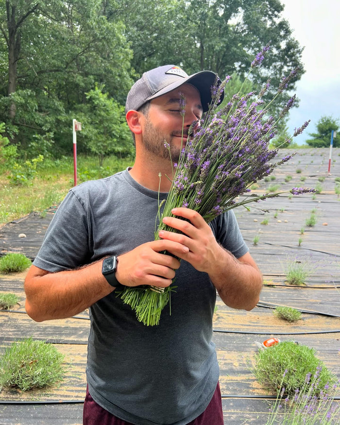 Man with eyes closed smelling a fresh lavender bundle
