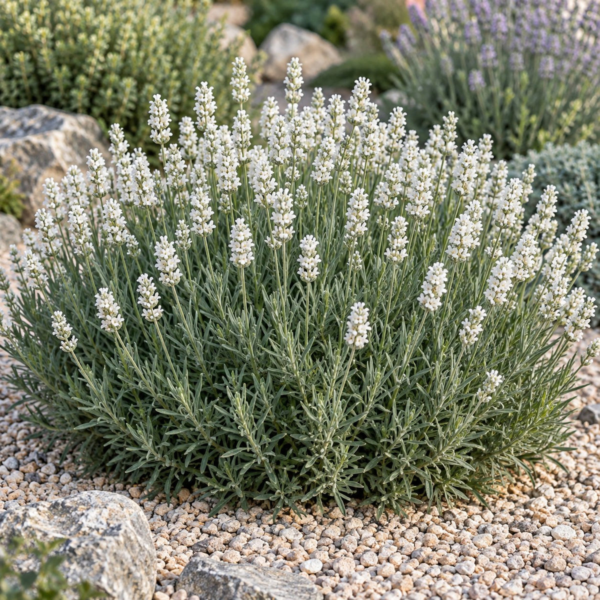 Arctic Snow lavender (Lavandula angustifolia) wide mound with white flower spikes in a gravel garden, illustration