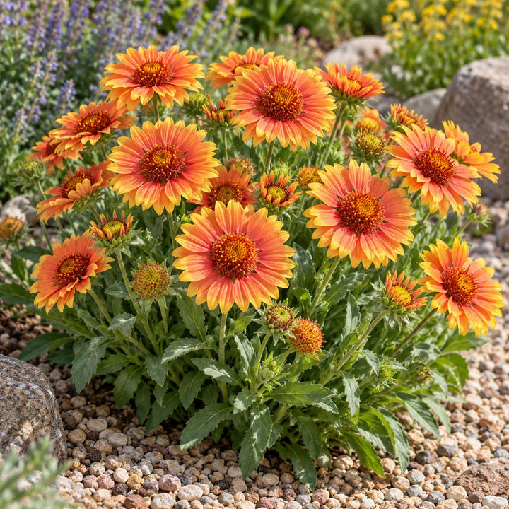 Arizona Apricot blanket flower (Gaillardia) with apricot-orange and yellow blooms on a gravel bed