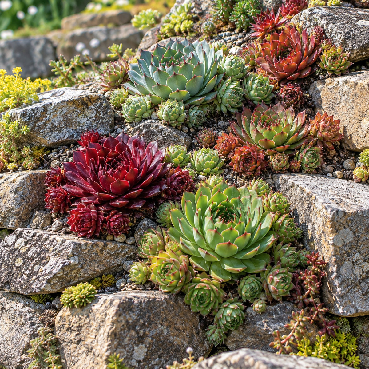 Assorted Mix Hen and Chicks growing in a garden