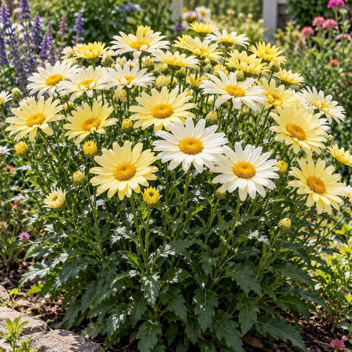 Banana Cream II Shasta daisy (Leucanthemum) with pale butter-yellow blooms fading to white