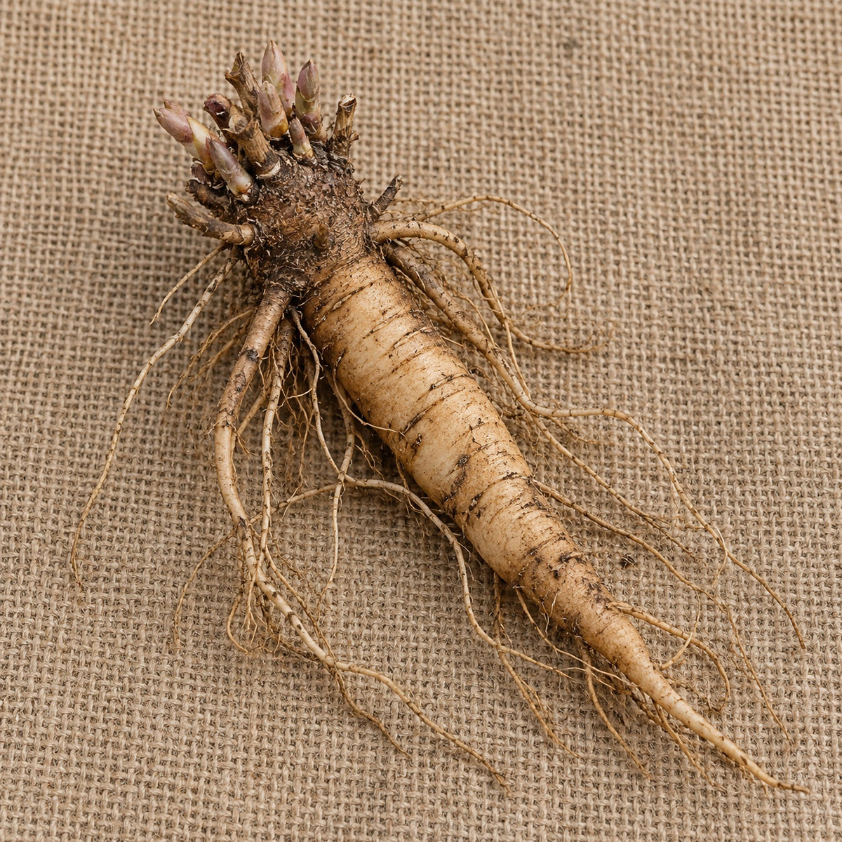 Dormant bare-root baby's breath as it arrives, laid on burlap