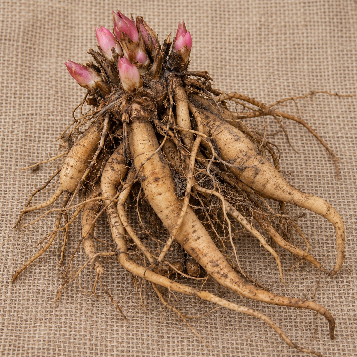 Dormant bare-root bleeding heart as it arrives, laid on burlap