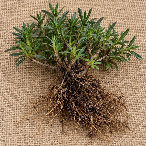 Dormant bare-root candytuft as it arrives, laid on burlap