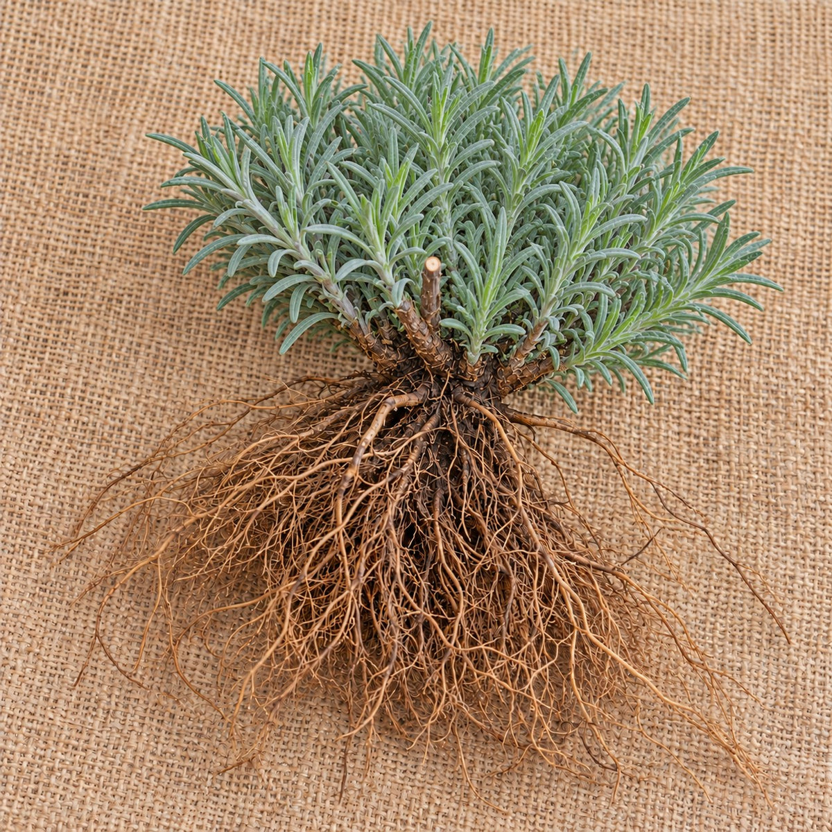 Dormant bare-root lavender plant as it arrives, laid on burlap
