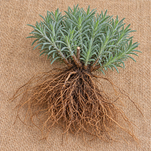 Dormant bare-root lavender plant as it arrives, laid on burlap