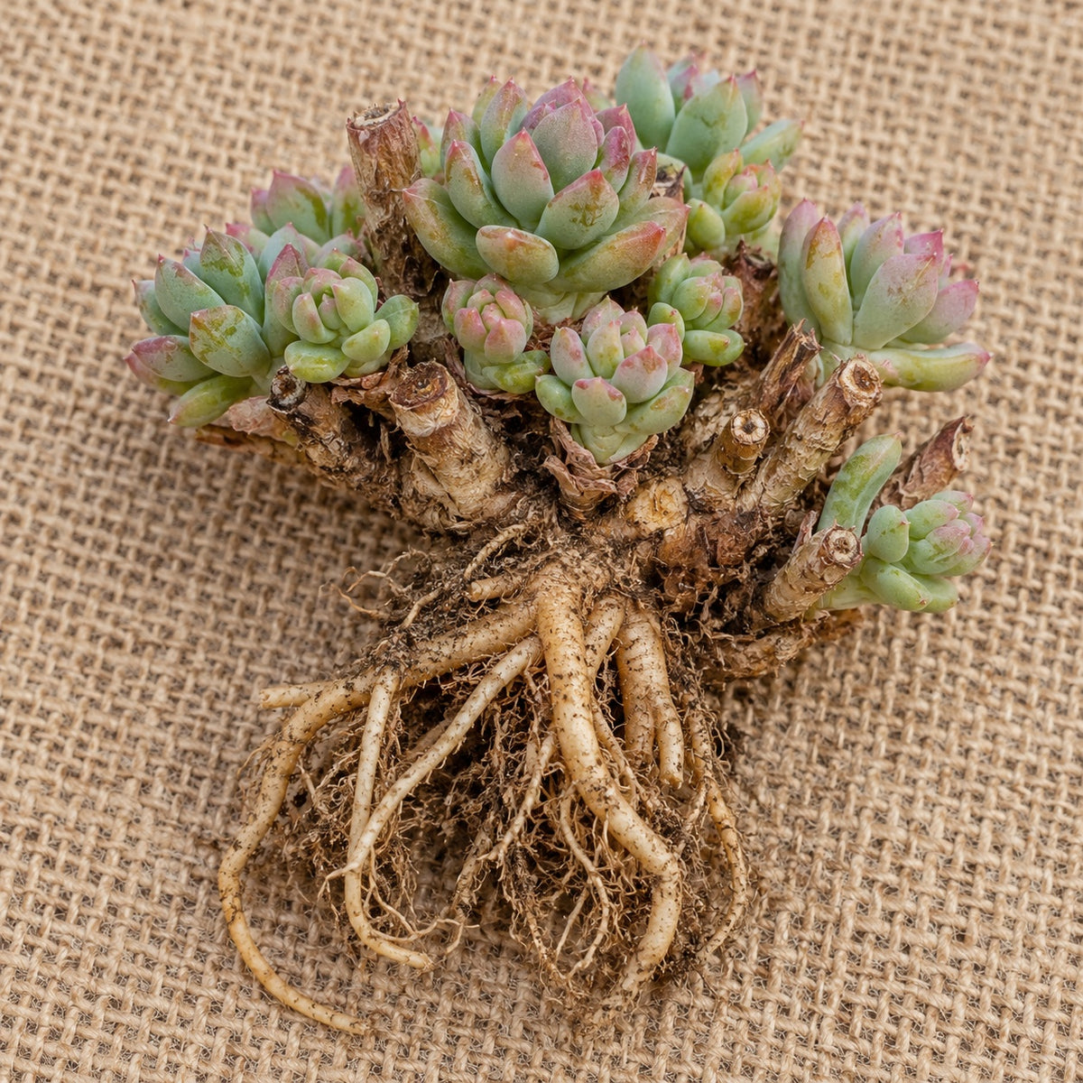 Dormant bare-root upright stonecrop (sedum) as it arrives, laid on burlap