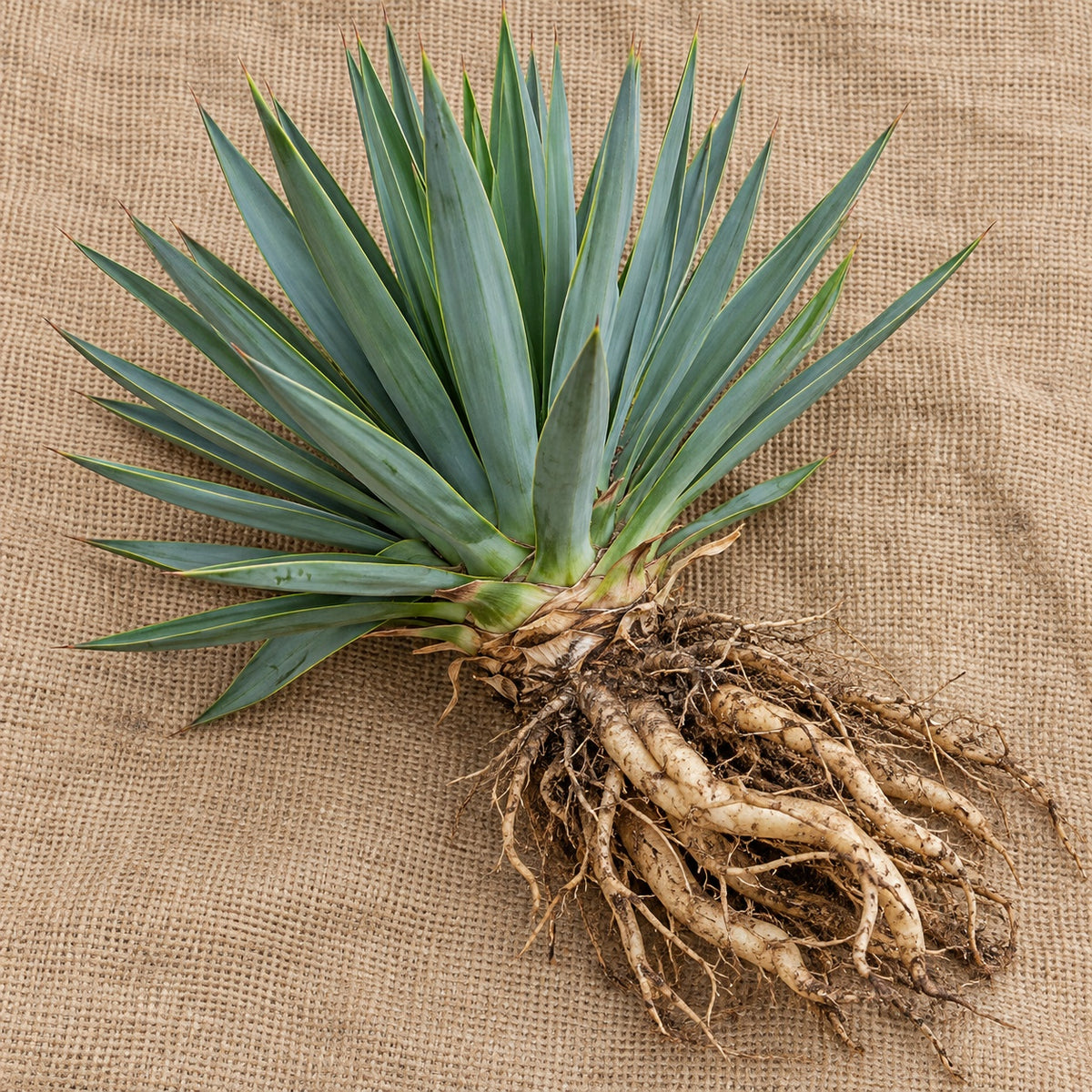 Dormant bare-root yucca as it arrives, laid on burlap