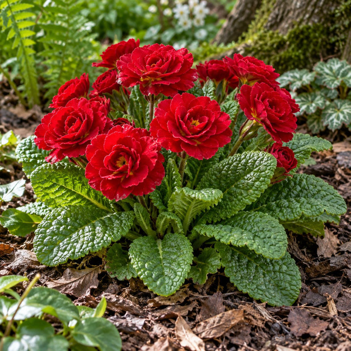 Belarina Valentine primrose with double red rose-like flowers over crinkled leaves