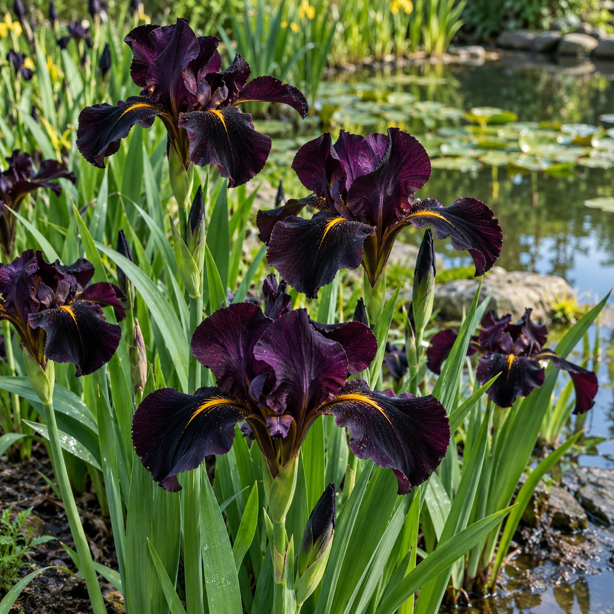 Black Gamecock Louisiana Iris growing in a garden