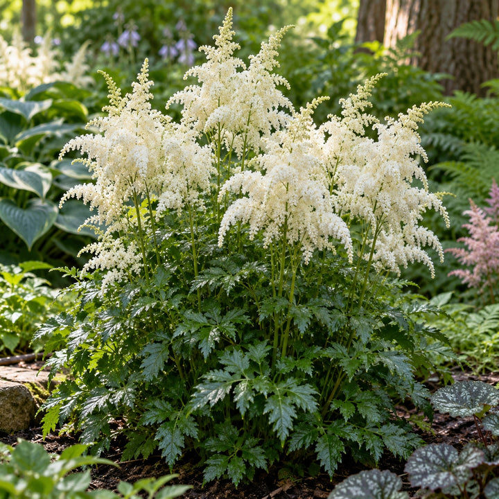 Bridal Veil astilbe with fluffy white plumes over dark green foliage in a shade garden
