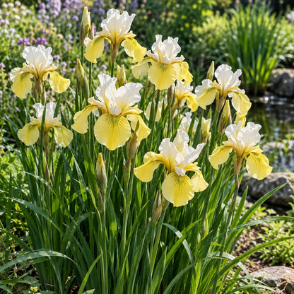 Butter and Sugar Siberian Iris growing in a garden
