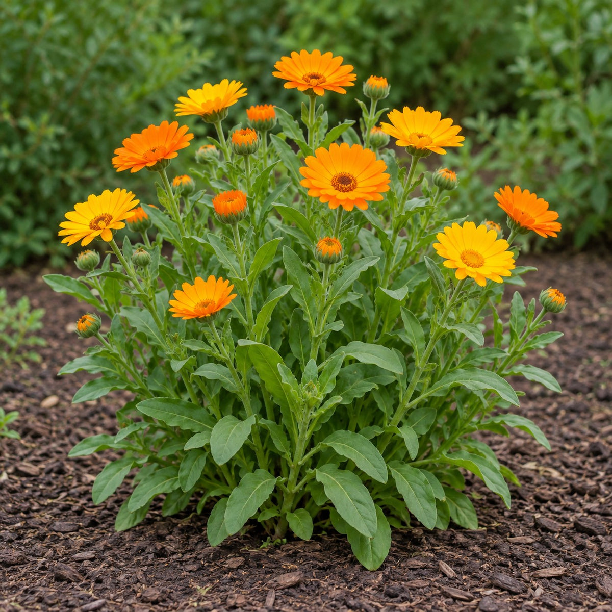 Calendula (Calendula officinalis) herb plant growing in a garden bed