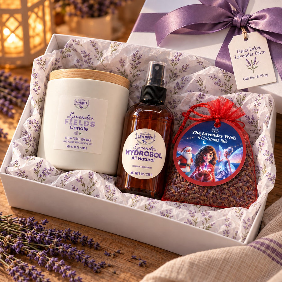 Calm Evening Gift Set: lavender candle, hydrosol and Lavender Wish sachet in a gift box