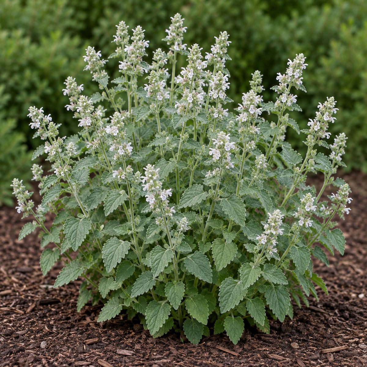 Catnip (Nepeta cataria) herb plant growing in a garden bed