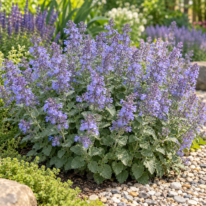 Catwalk Queen catmint (Nepeta) with periwinkle-blue flower spikes over silvery foliage