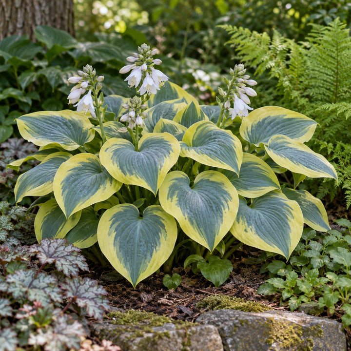 Chance Encounter hosta with blue-green leaves edged in gold and white flowers