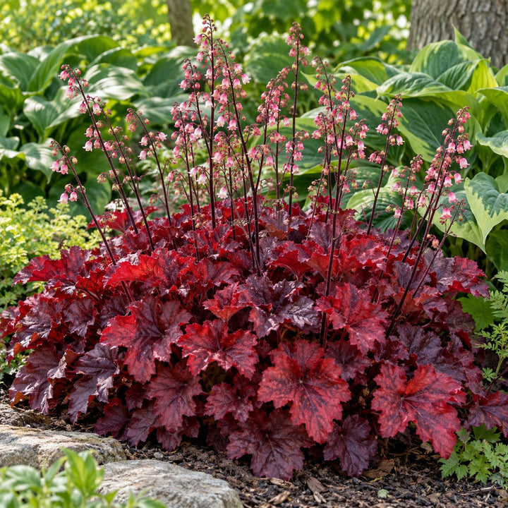Cherry Truffles coral bells (Heuchera) with ruffled cherry-red foliage and pink flower sprays