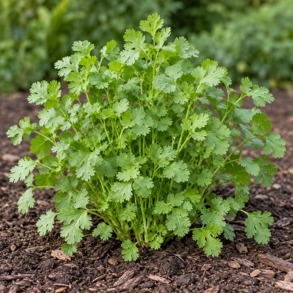 Cilantro (Coriandrum sativum) herb plant growing in a garden bed