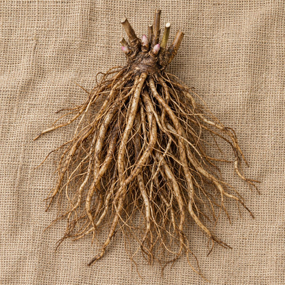 Dormant bare-root Cinderella swamp milkweed crown with fibrous roots on burlap, illustration