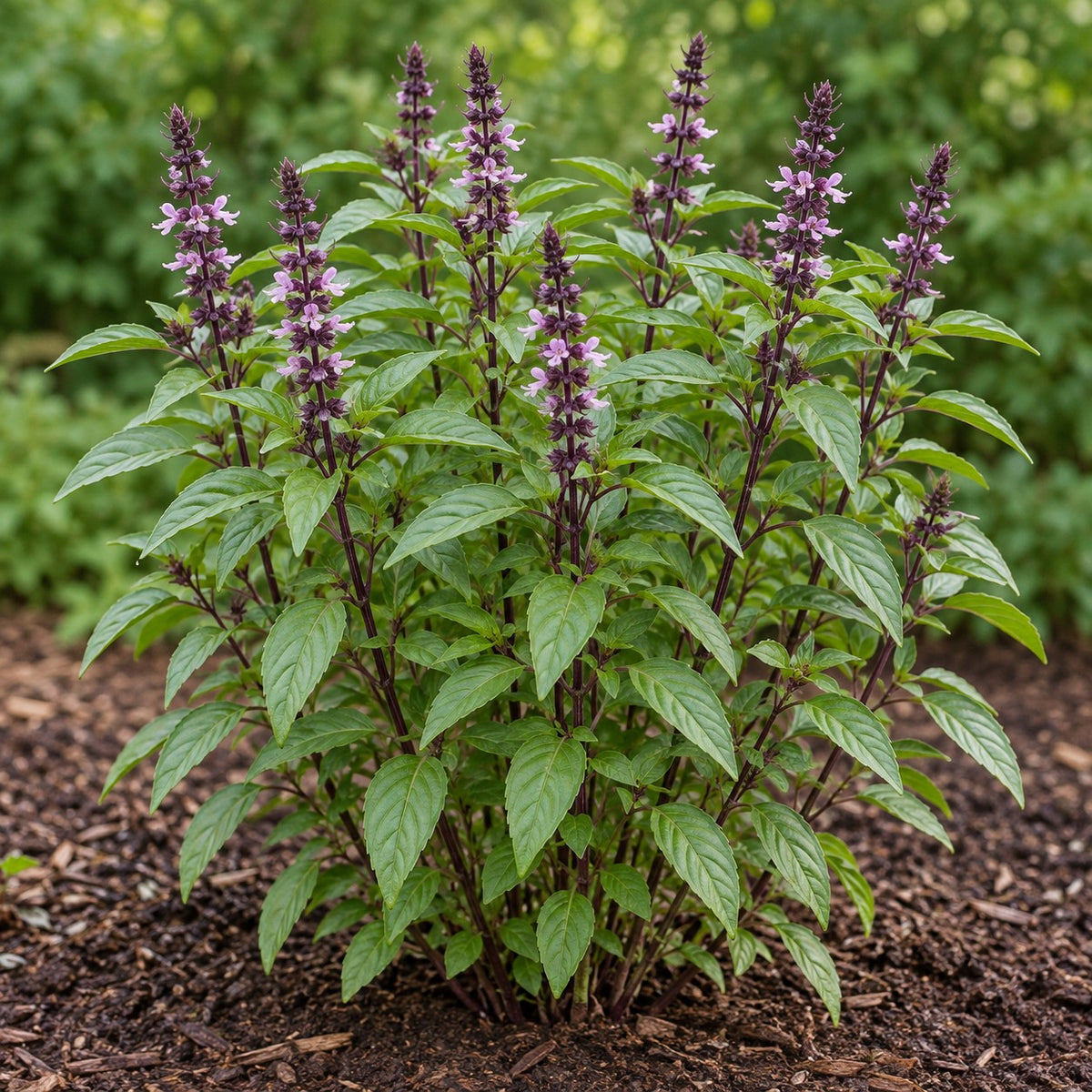 Cinnamon Basil (Ocimum basilicum 'Cinnamon') herb plant growing in a garden bed