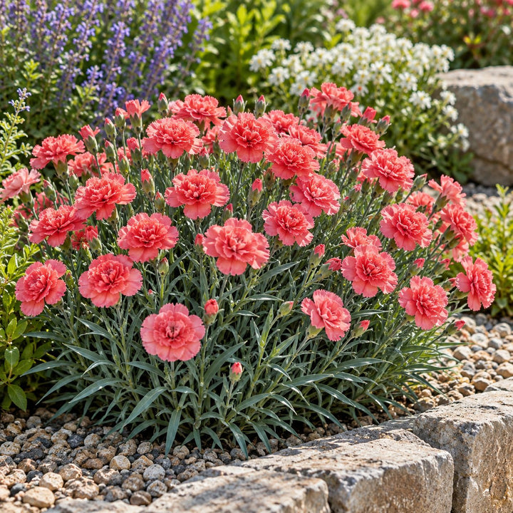 Classic Coral dianthus with coral double flowers over blue-green foliage by stone edging