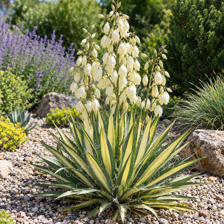 Color Guard yucca with gold-striped leaves and creamy white bell flowers