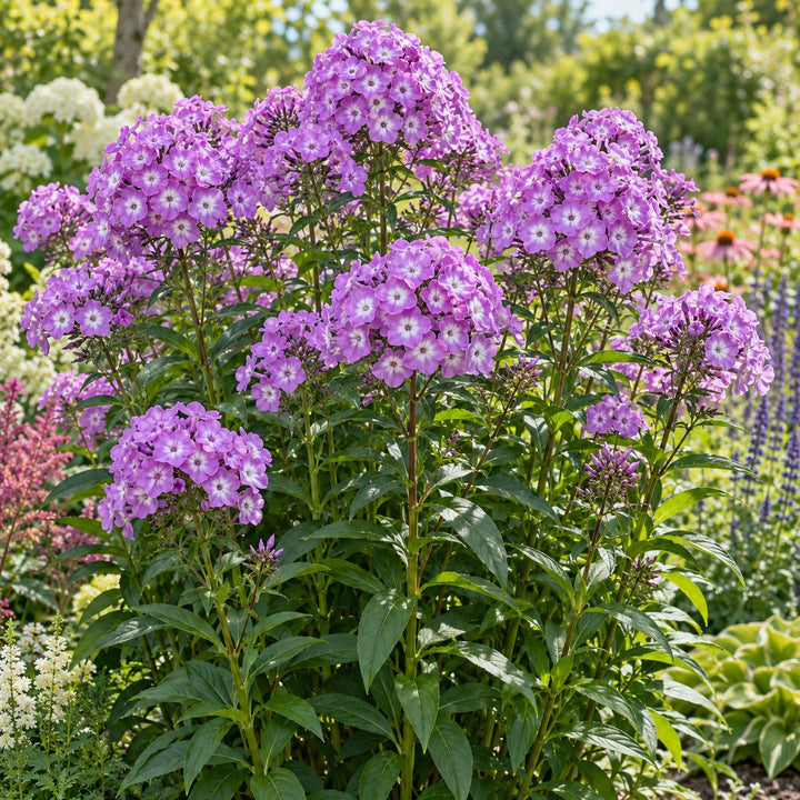 Cover Girl garden phlox (Phlox paniculata) with lavender-purple flower heads in a border