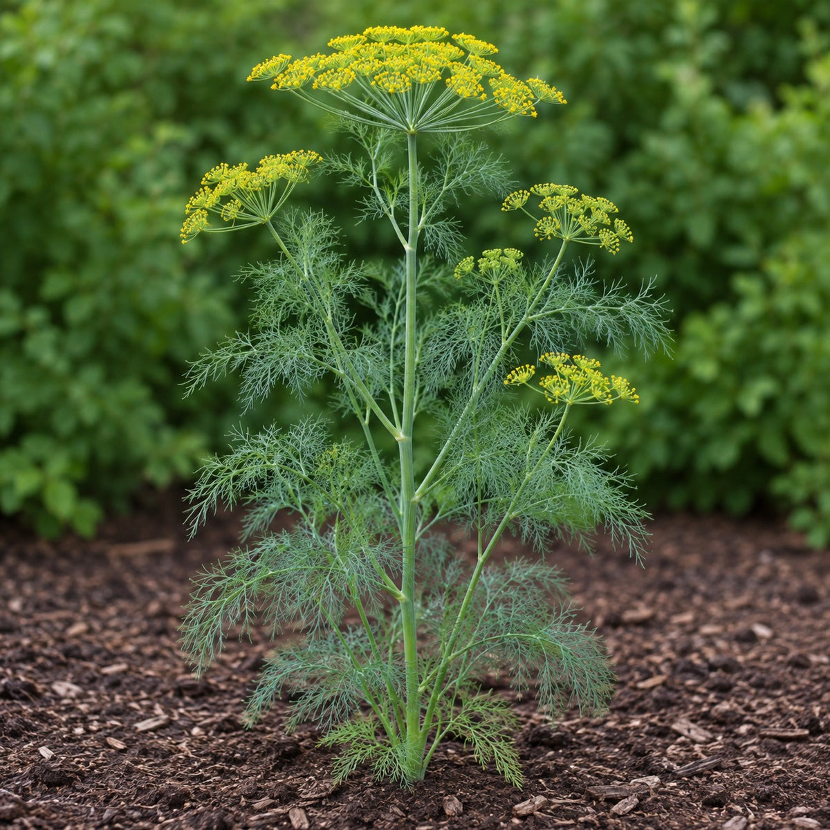 Dill (Anethum graveolens) herb plant growing in a garden bed