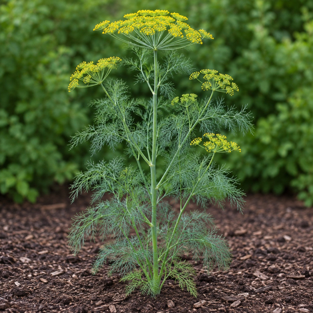 Dill (Anethum graveolens) herb plant growing in a garden bed