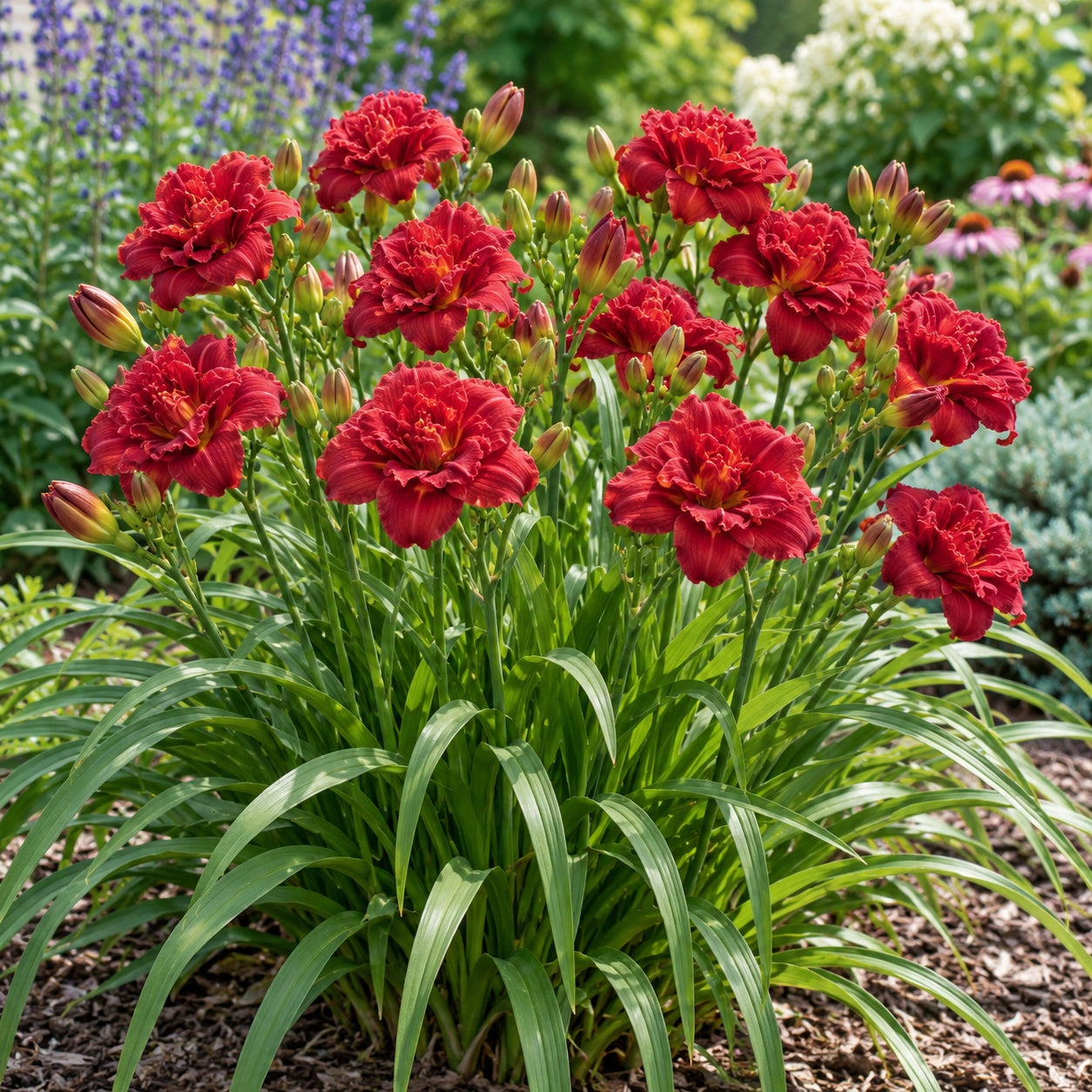 Double Pardon Me Daylily growing in a garden