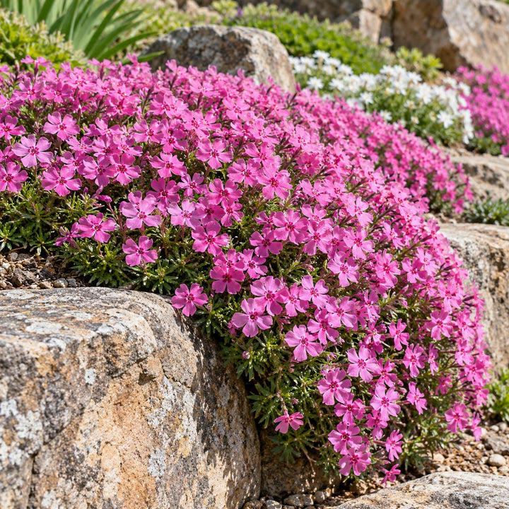 Drummond's Pink creeping phlox with bright pink flowers cascading over a rock ledge