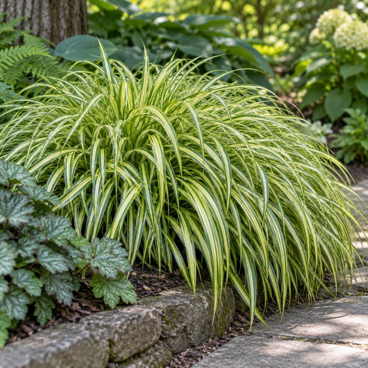 Evergold Japanese sedge with cream-centered green blades in a shady border