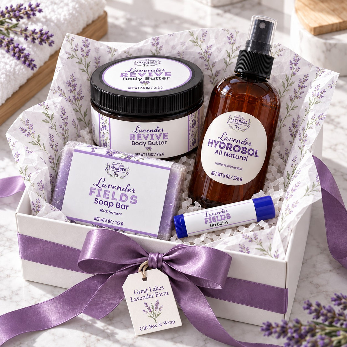 Everyday Self-Care Gift Set: Revive body butter, hydrosol, bar soap and lip balm in a gift box