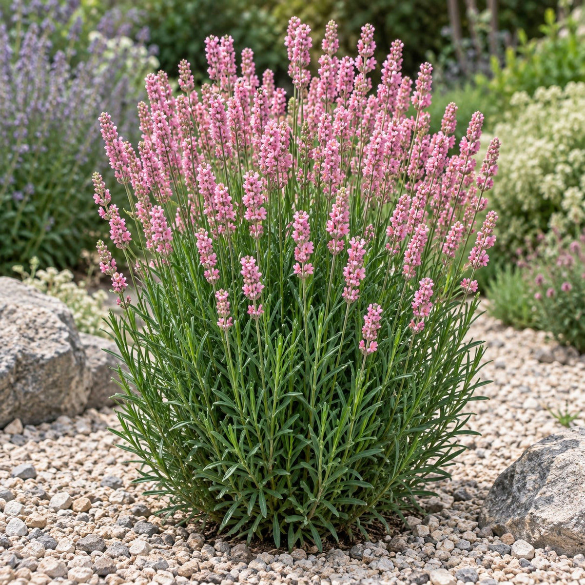 Faire Pink lavender (Lavandula angustifolia) upright green plant with pink flower spikes in a gravel garden, illustration