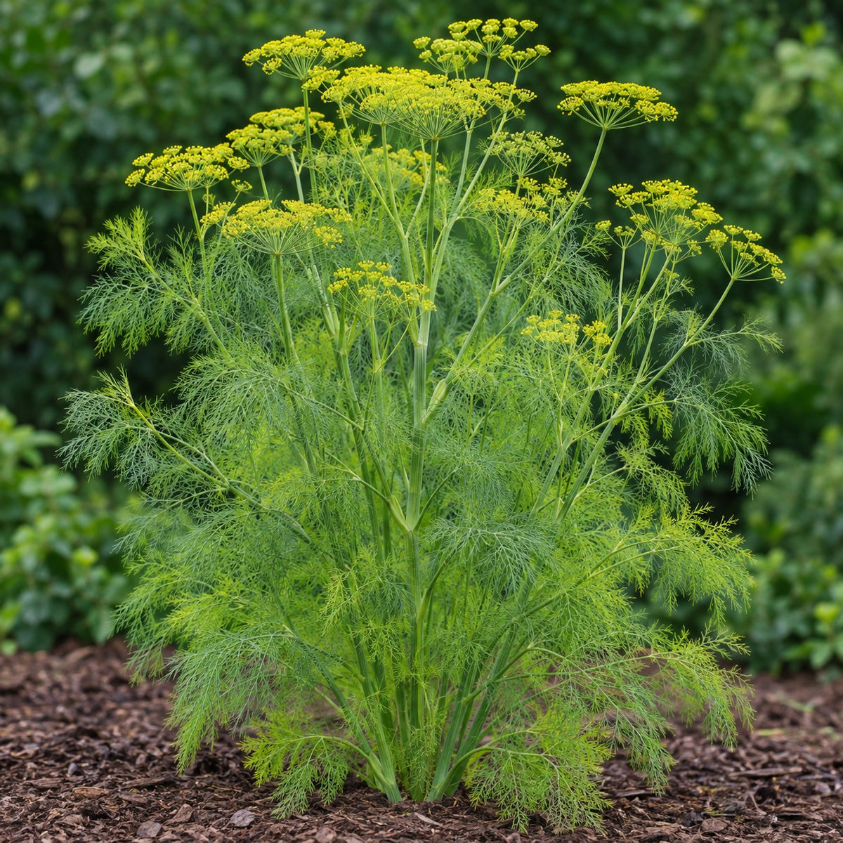 Fennel (Foeniculum vulgare) herb plant growing in a garden bed