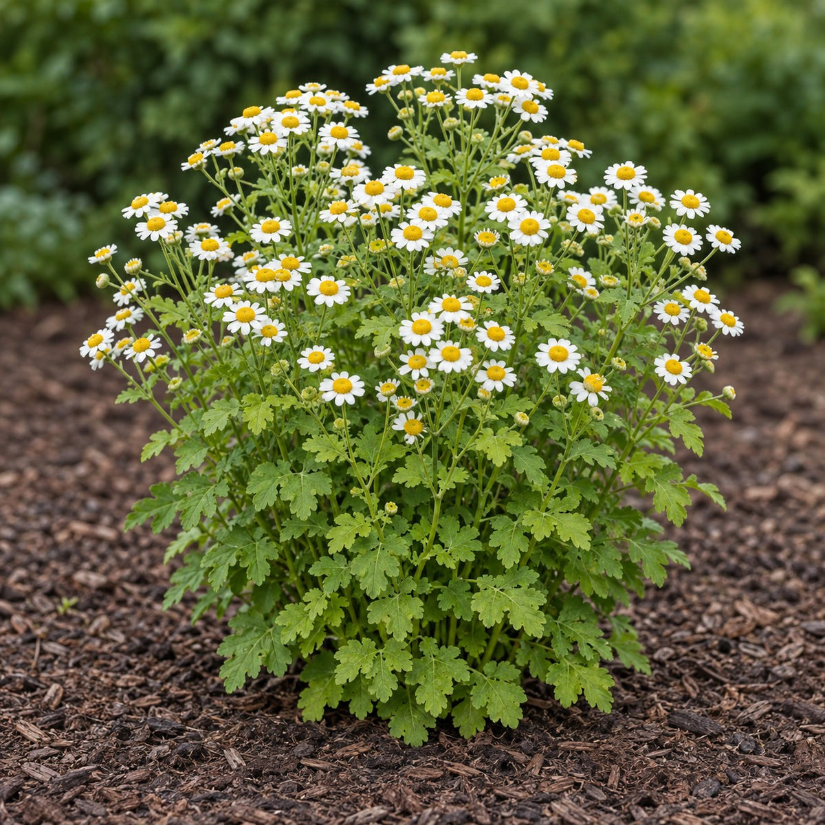 Feverfew (Tanacetum parthenium) herb plant growing in a garden bed