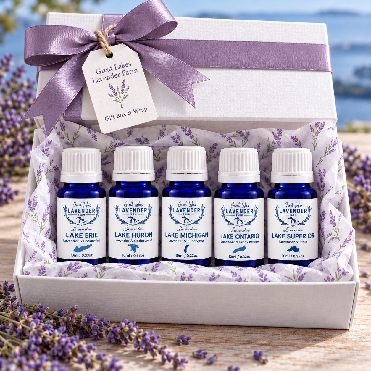 Five Great Lakes Essential Oil Set: Erie, Huron, Michigan, Ontario and Superior in a gift box