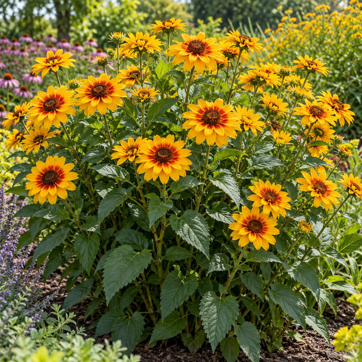 Forged in Fire false sunflower (Heliopsis) with golden flowers and red centers in a garden border