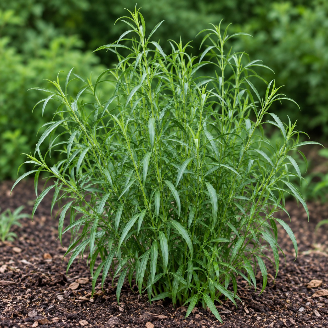 French Tarragon (Artemisia dracunculus) herb plant growing in a garden bed