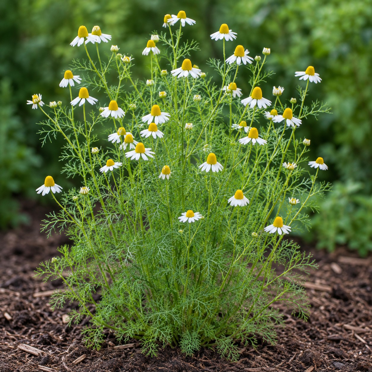 German Chamomile (Matricaria chamomilla) herb plant growing in a garden bed