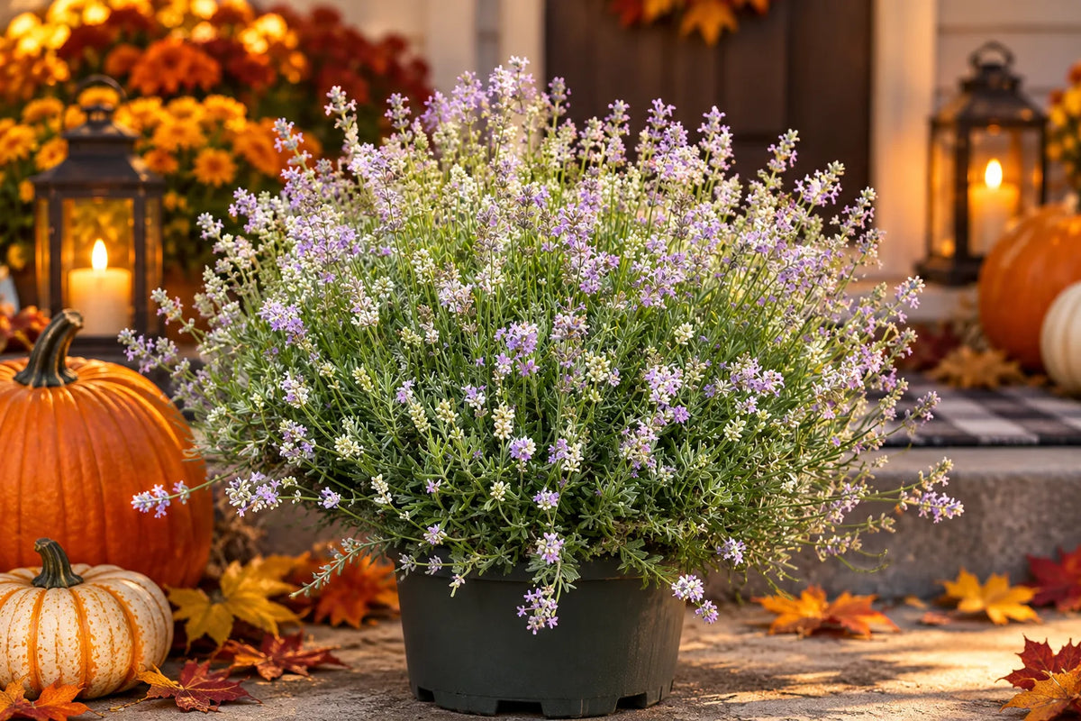 Croxton’s Wild lavender in a nursery pot with lilac and white blooms beside pumpkins in a fall display, illustration