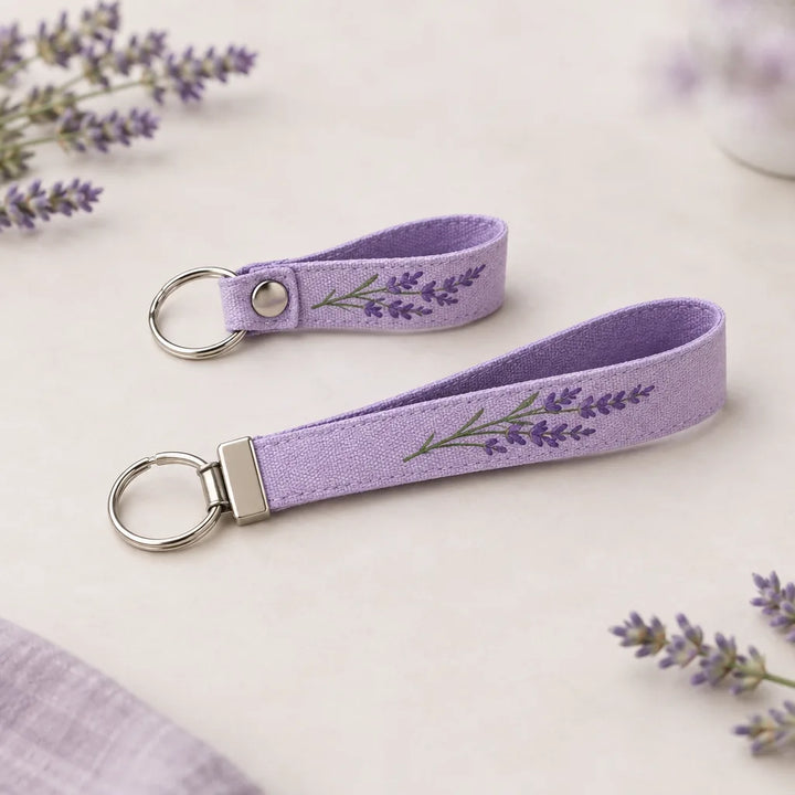 Great Lakes Lavender Farm Keychain, two purple wristlet key fobs embroidered with lavender